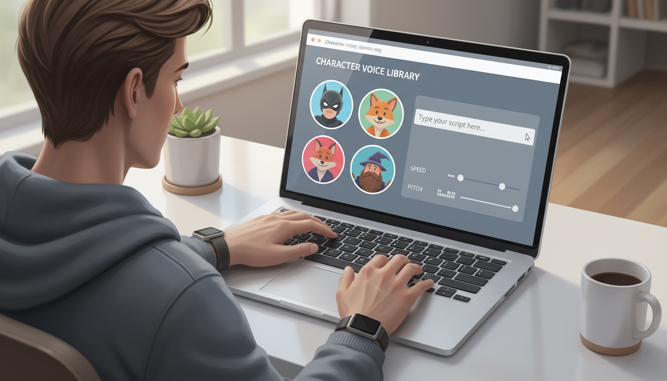 A creator selecting character voices and adjusting audio settings on a laptop screen to generate custom voiceovers.