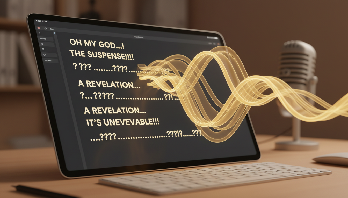 A close-up of a script with dramatic punctuation and glowing audio waves, showing how to format text for AI voice generators.