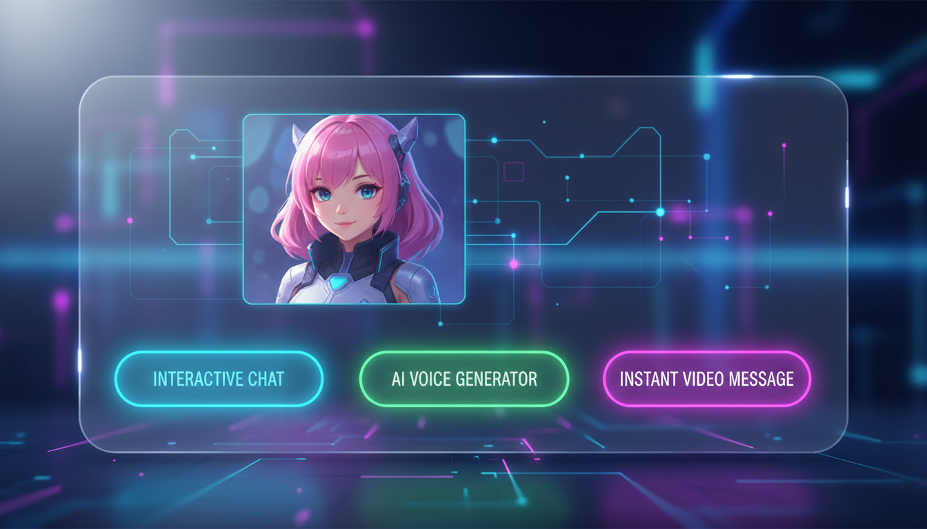A mock-up graphic of an advanced virtual character platform showing text chat, voice generation, and video options.