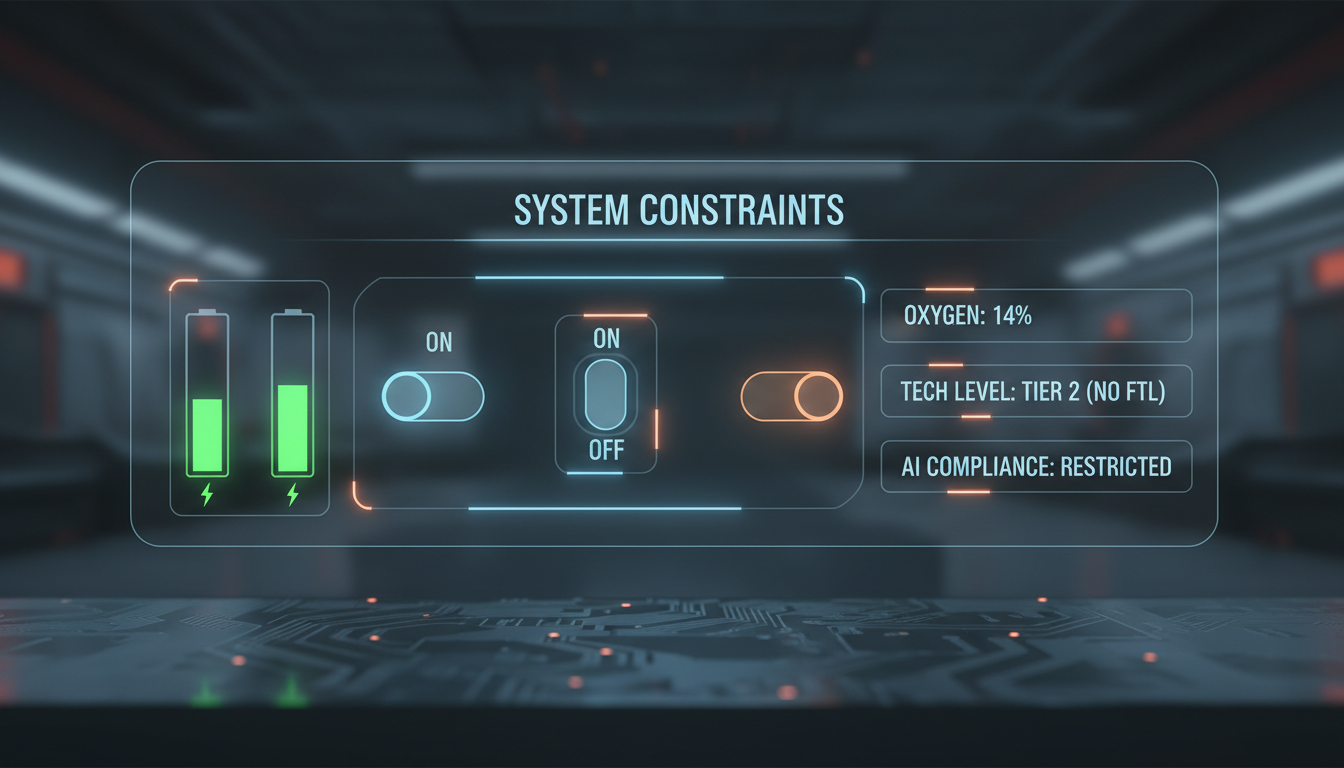 An illustration of a sci-fi dashboard showing system constraints and environmental parameters for a roleplay simulation.