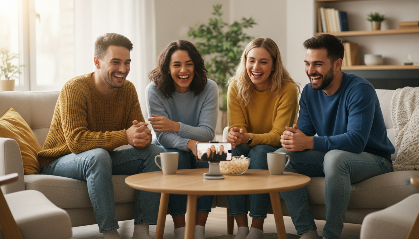A group of friends laughing together while watching a custom digital greeting on a mobile phone.