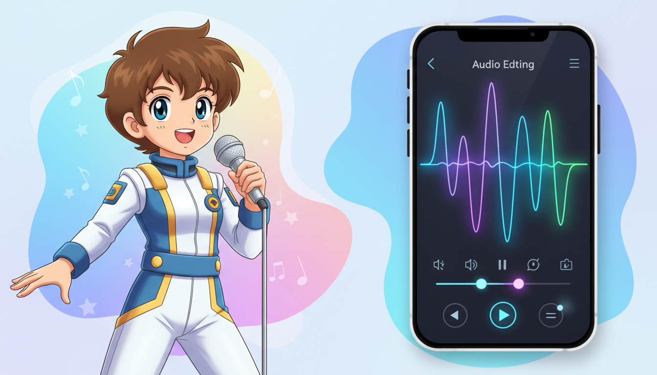 An illustration of an anime character next to a digital audio waveform editor, representing AI character voice generation.