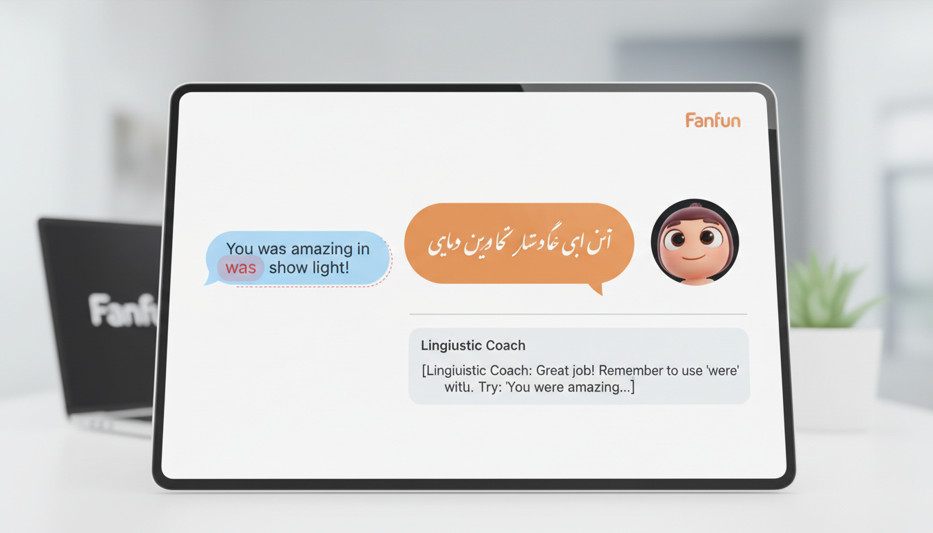 A screenshot mockup showing an AI character chat interface providing real-time, in-character language corrections and feedback.