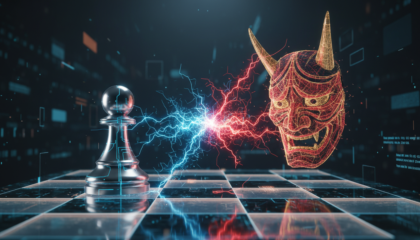 An artistic representation of a digital chessboard with glowing pieces, symbolizing debate and creative tension in an AI chat.