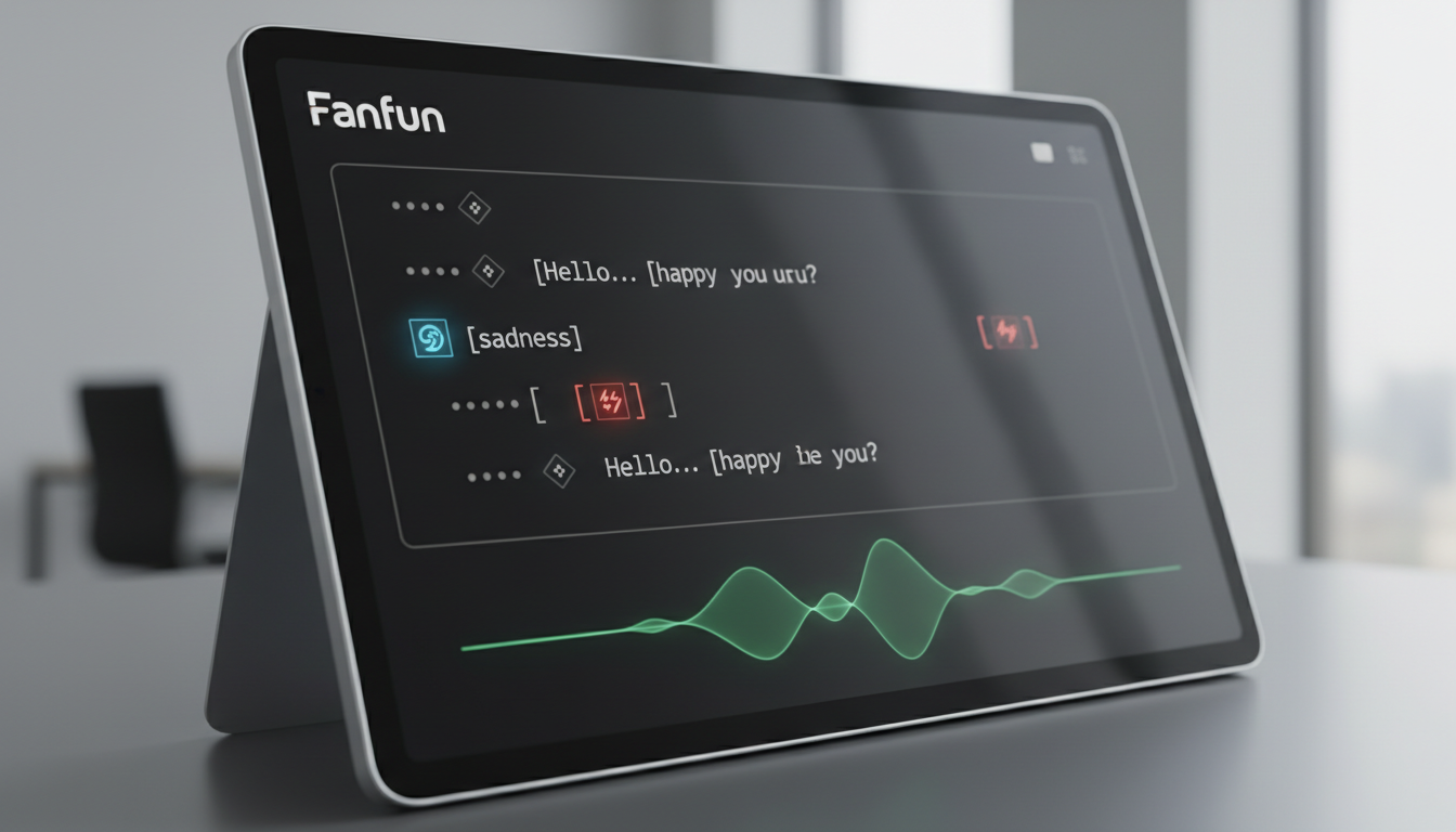 Close-up of an AI voice generator text editor showing script formatting and a visual audio waveform.