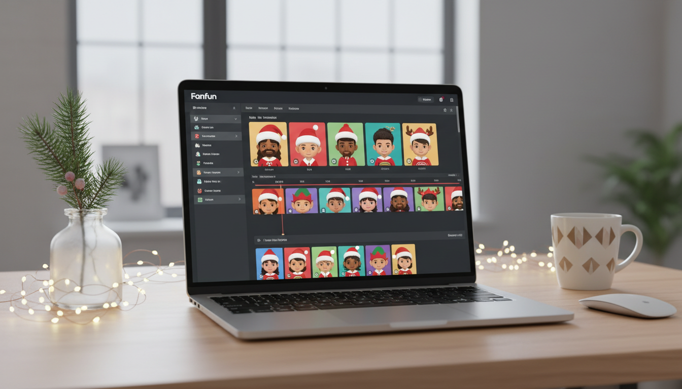 A laptop displaying the Fanfun AI video generation interface on a festive, modern desk setup.