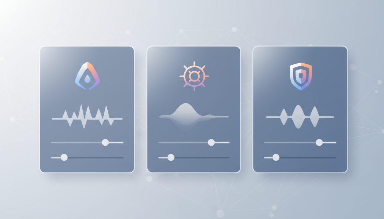 Mockup of an AI voice casting dashboard showing character profiles and vocal adjustment sliders.