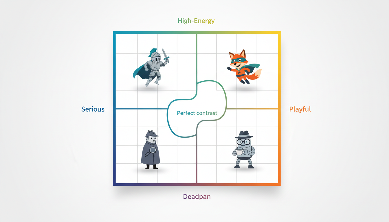 A matrix diagram showing how to match brand tone with different AI character voice archetypes for maximum contrast.