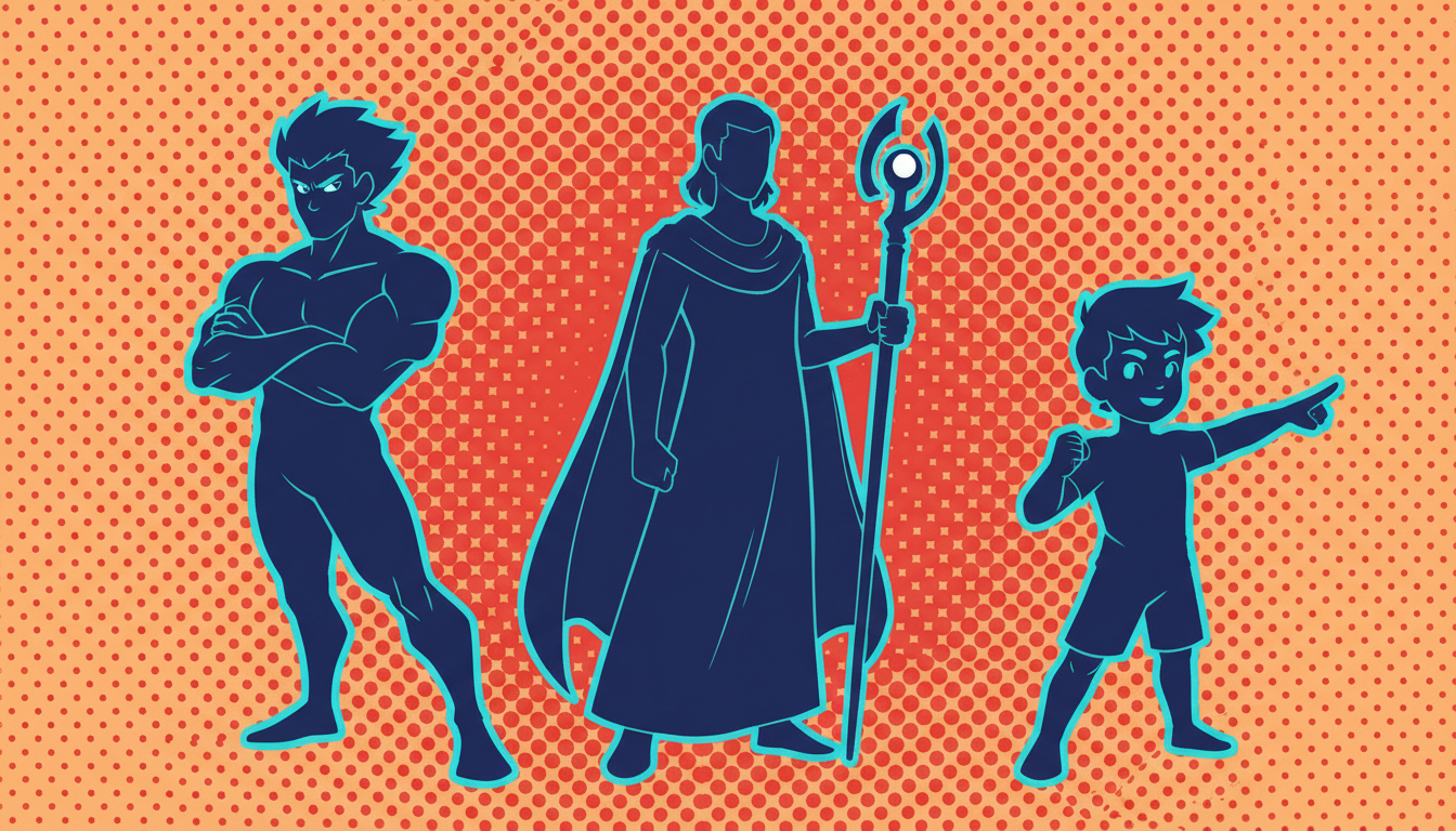 Three stylized silhouettes representing the Rival, Mentor, and Sidekick archetypes for anime roleplay.