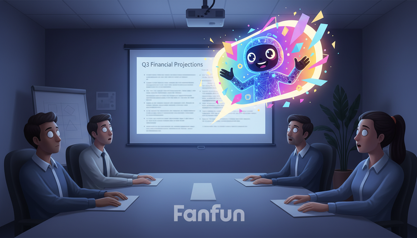 A contrast between a boring corporate slideshow and a lively, colorful AI character pop-up representing an energetic custom video.