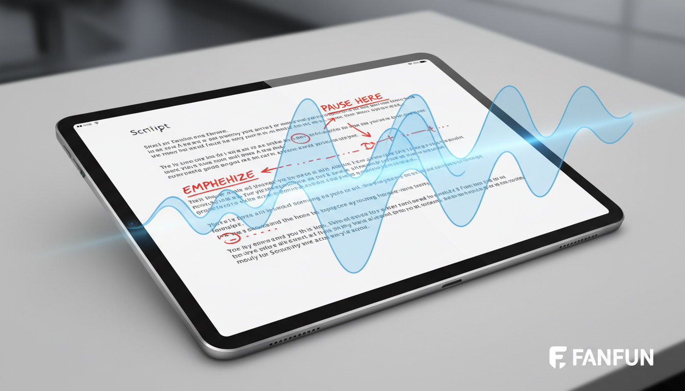 A digital script with director's markup and highlighted punctuation showing how to format text for AI voice tools.
