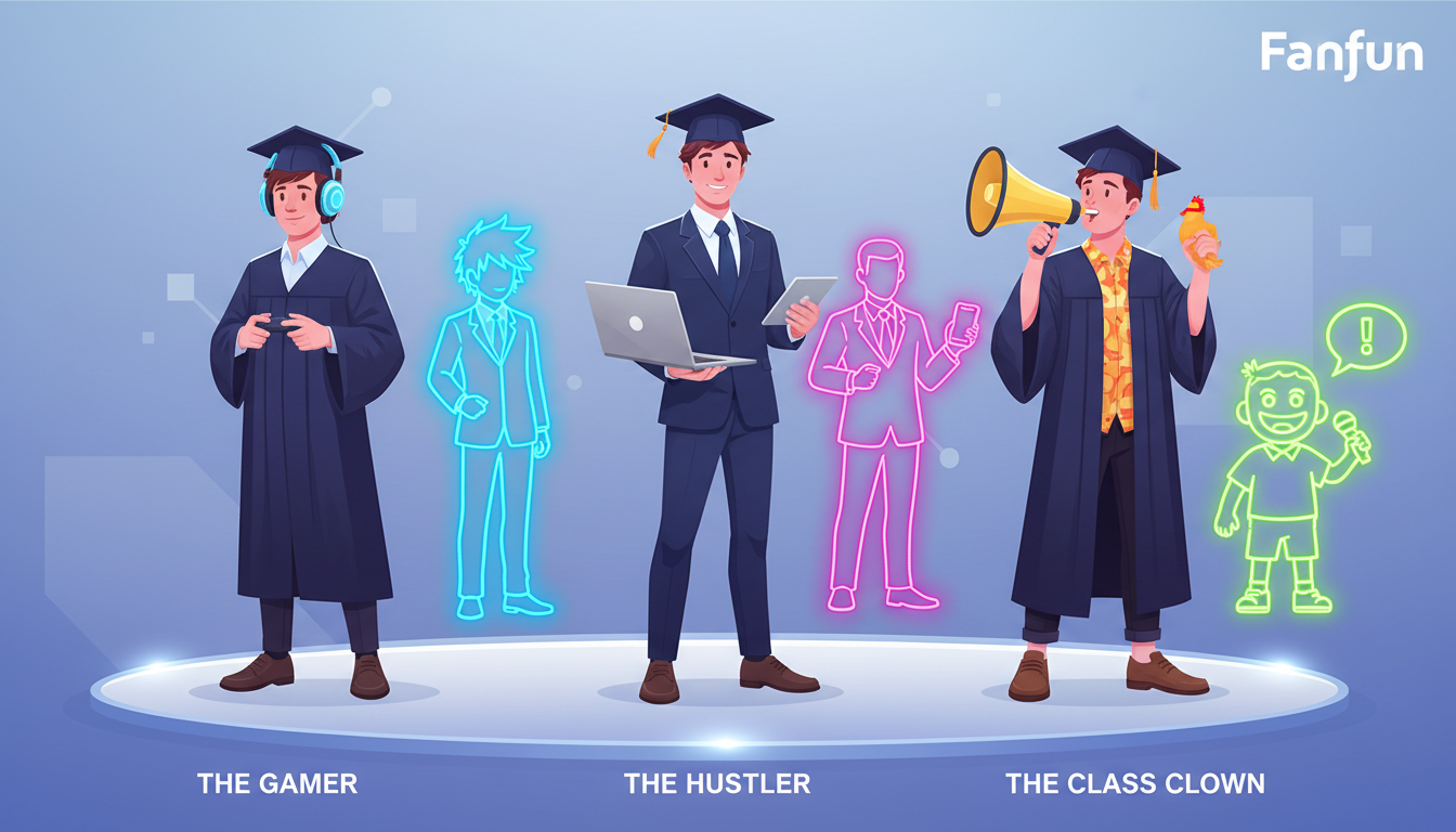 A stylized graphic showing three graduate archetypes matched with glowing neon silhouettes of virtual stars.