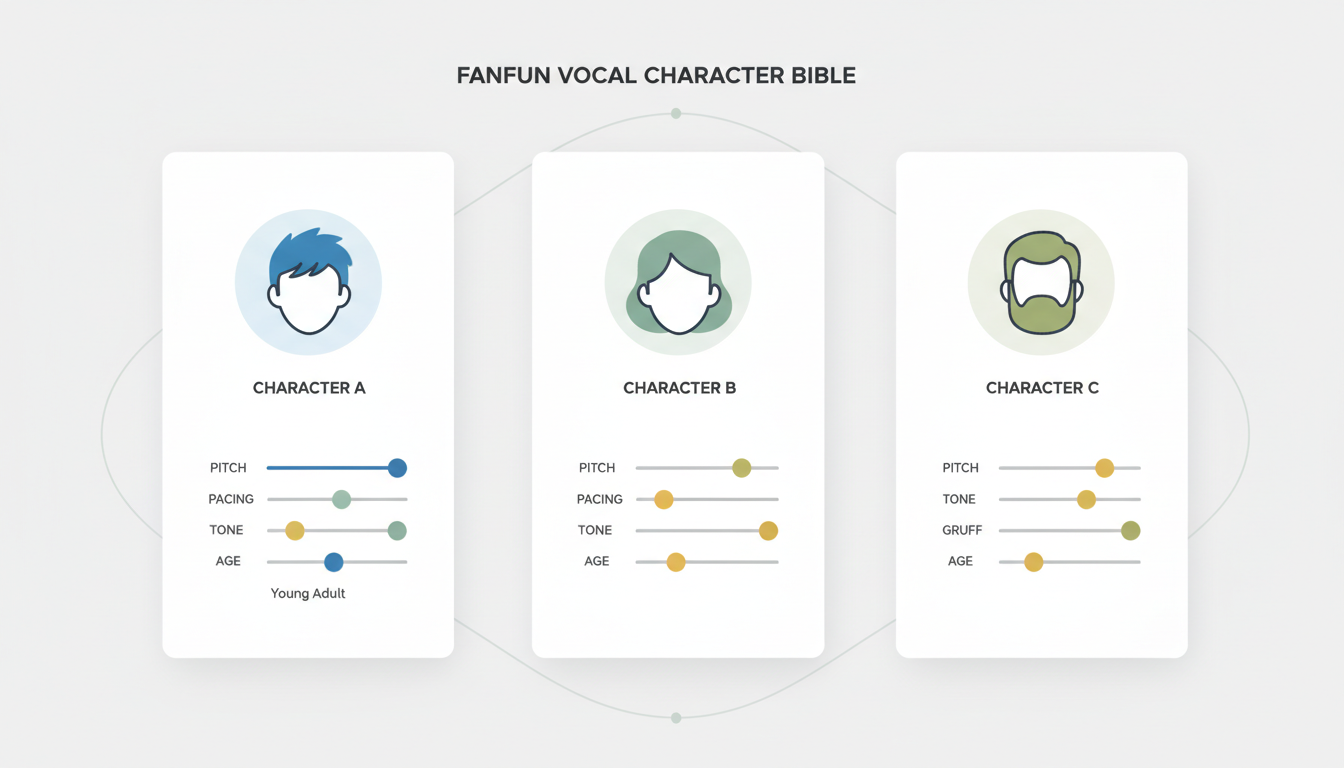 An infographic layout of a Vocal Character Bible showing vocal profiles for three different audiobook characters.
