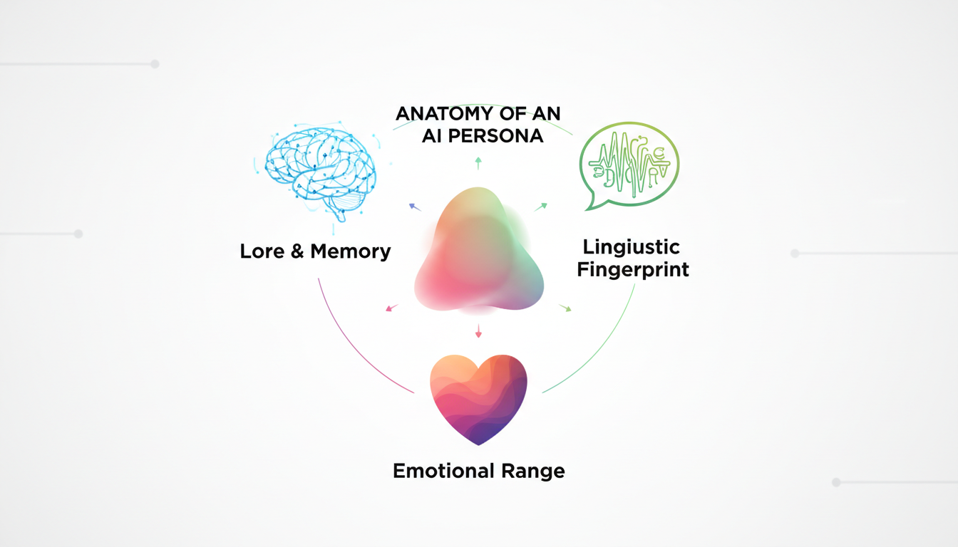 An infographic diagram illustrating the three pillars of high-fidelity AI character chat: memory, linguistic fingerprint, and emotional range.