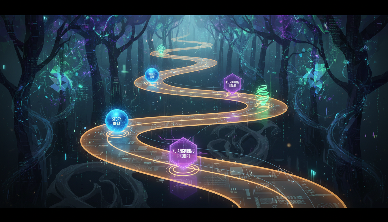 A stylized conceptual graphic showing how to guide narrative pacing and story beats in a digital chat session.