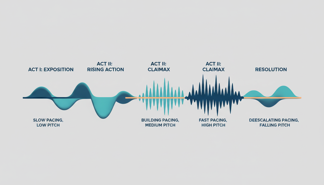 An infographic chart showing how to adjust AI voice pacing, pitch, and emotional intensity across different narrative acts of a story.