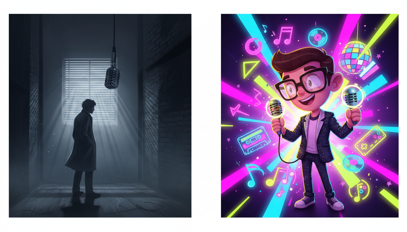 A split-screen visual showing a dark true-crime documentary aesthetic on one side and a colorful pop-culture retrospective on the other.