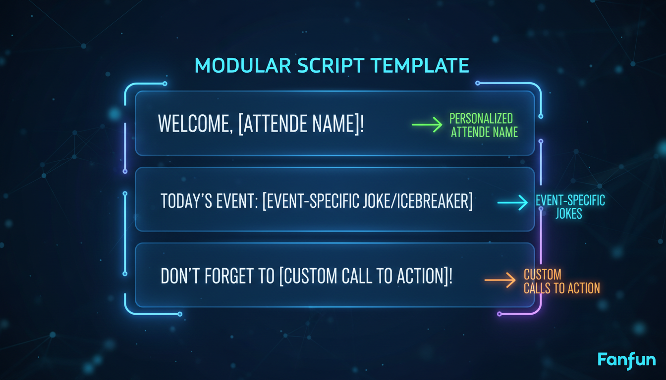 A modular script template graphic for virtual event intros with annotations for personalization.