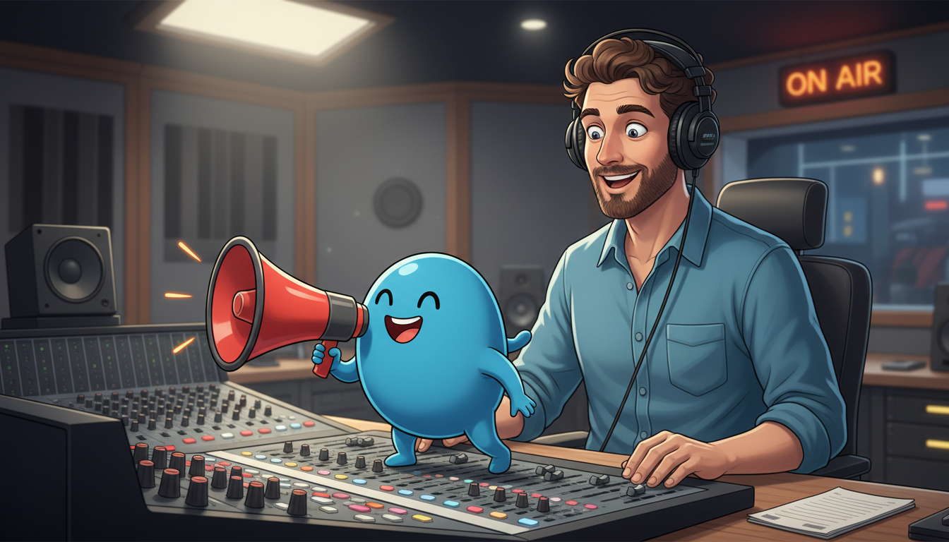 A podcast host in a studio looking amused as a cartoon character pops out of the soundboard with a megaphone, illustrating character-driven voiceover contrast.