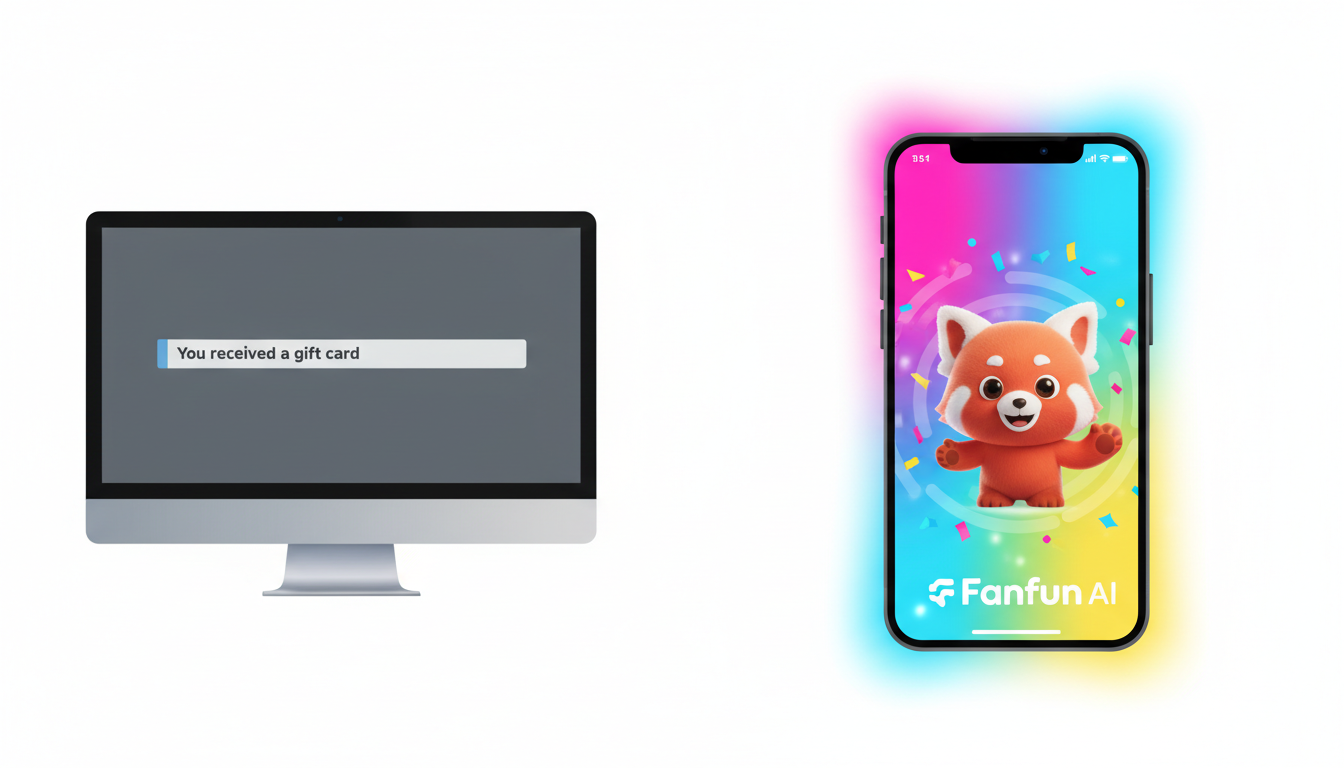 A comparison showing a boring gift card email versus a vibrant, personalized AI video message on a smartphone.