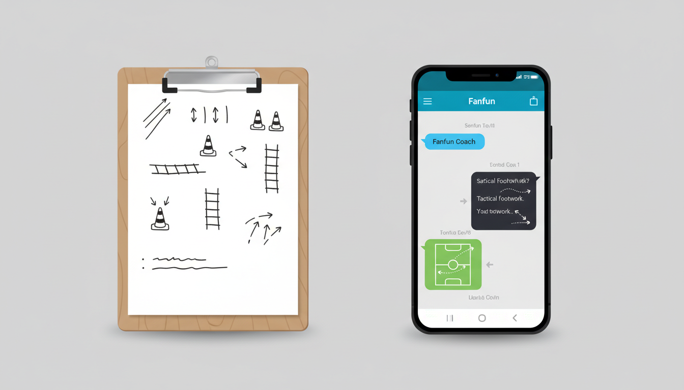 A side-by-side comparison of a physical sports clipboard with drills and a smartphone showing virtual athlete coaching advice.
