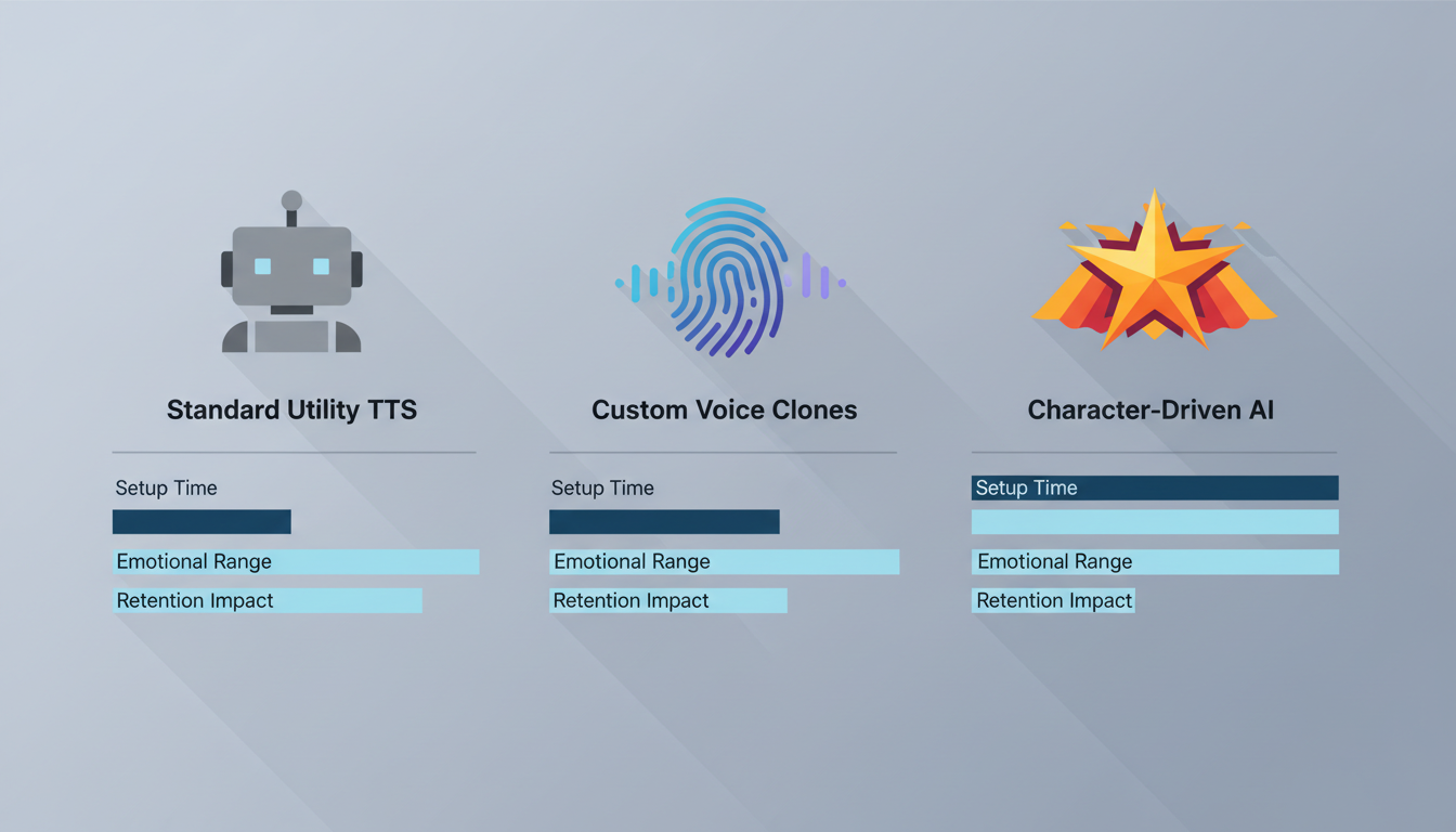A comparative matrix infographic showing the differences in setup, emotional range, and retention impact between standard TTS, voice clones, and character-driven AI voice tools.