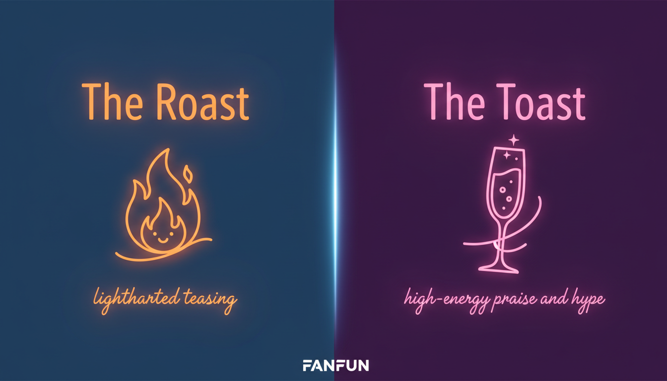 A visual comparison graphic showing the differences in script structure between a birthday roast and a birthday toast.
