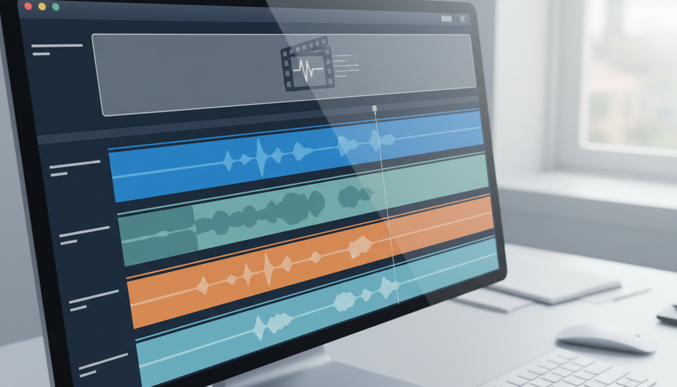 An audio editing interface timeline showing layered tracks for AI voiceover and sports sound effects.