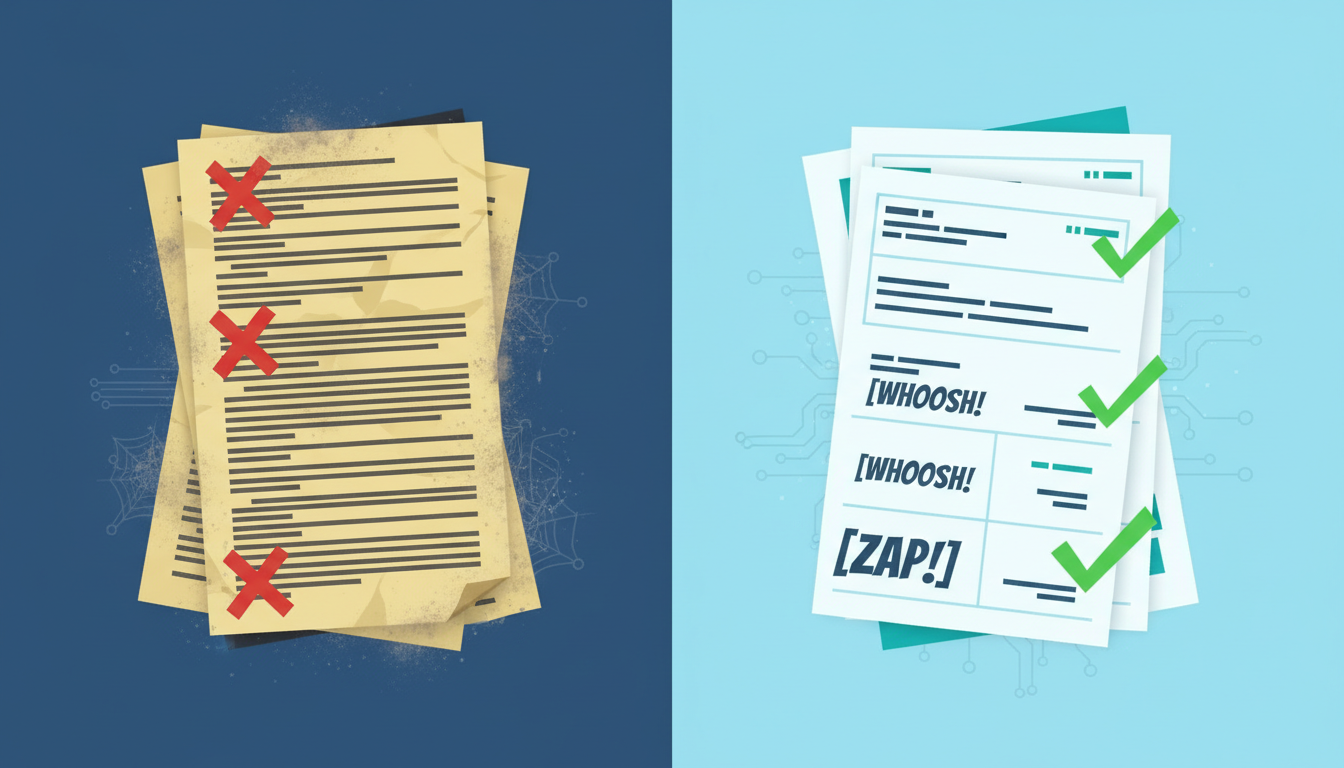 A side-by-side comparison of a traditional corporate video script versus a modern, modular AI-friendly promo script.