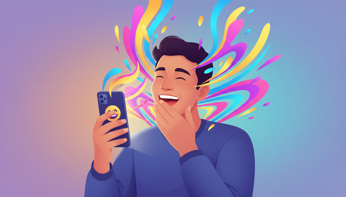 A fan laughing and reacting happily to an emotional AI video message on their smartphone.