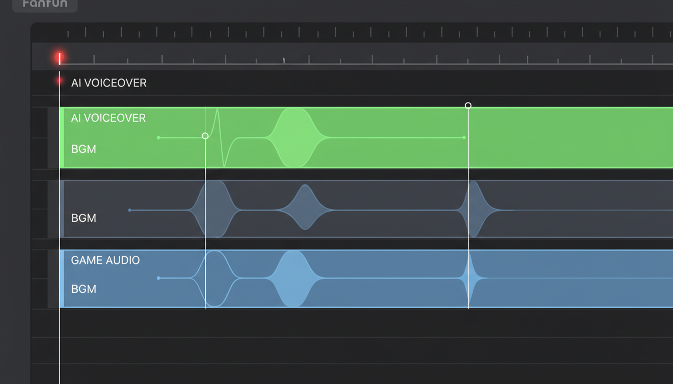 A close-up of a video editing timeline demonstrating proper audio ducking for an AI voiceover track over game sound effects.