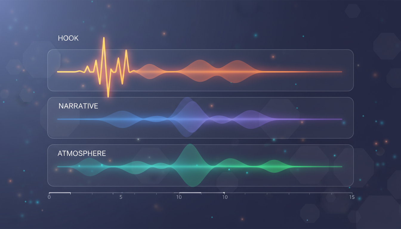 A visual diagram of a three-tier audio stack for video editing, showing Hook, Narrative, and Atmosphere tracks aligned on a timeline.