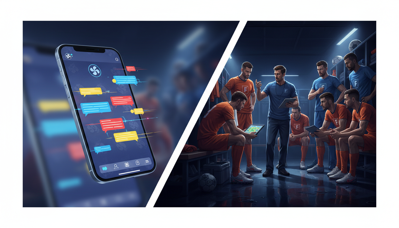 A split screen showing an interactive AI chat interface next to a dramatic sports locker room setting.