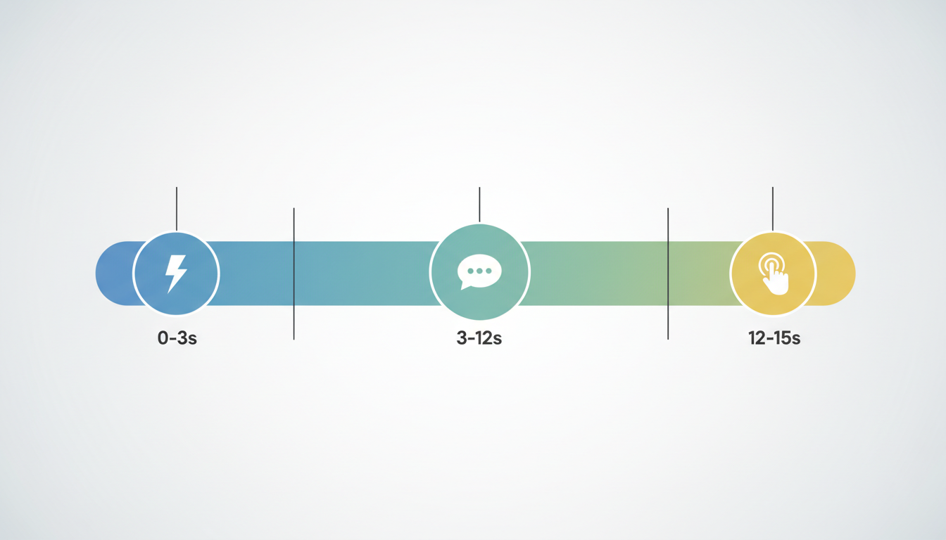 Infographic showing the timeline and structure of a high-converting 15-second video ad.