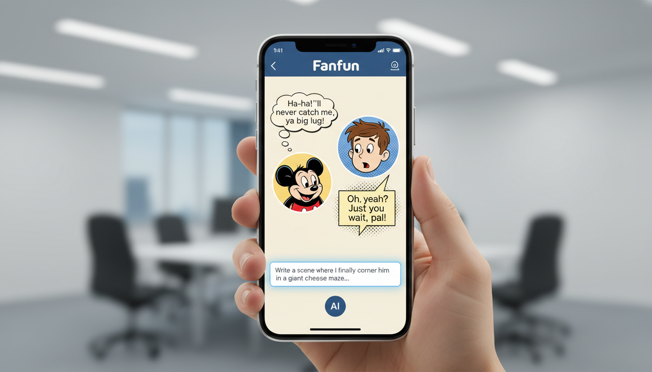 A smartphone showing a Fanfun AI Chat session with a classic cartoon character, featuring colorful chat bubbles and a nostalgic interface.