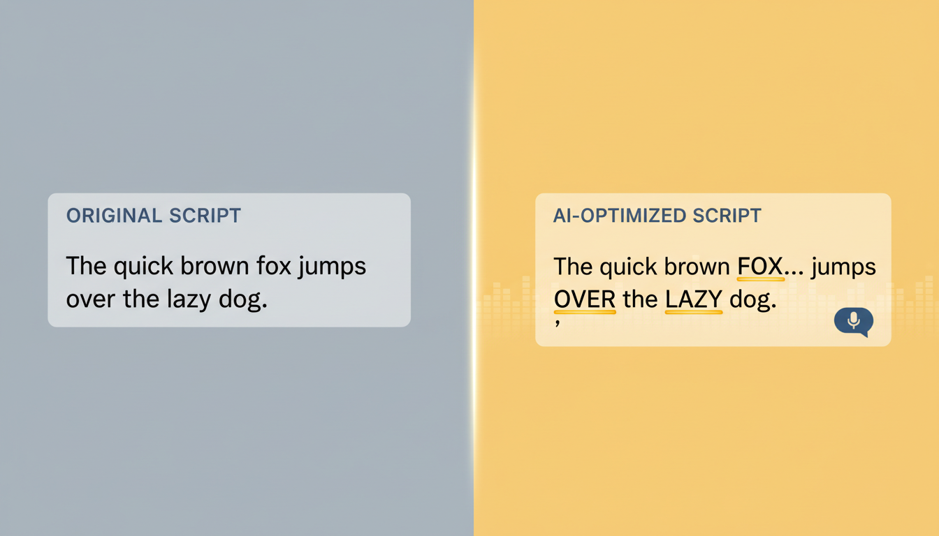 A visual comparison showing how to format script text with punctuation hacks for natural AI voice delivery.