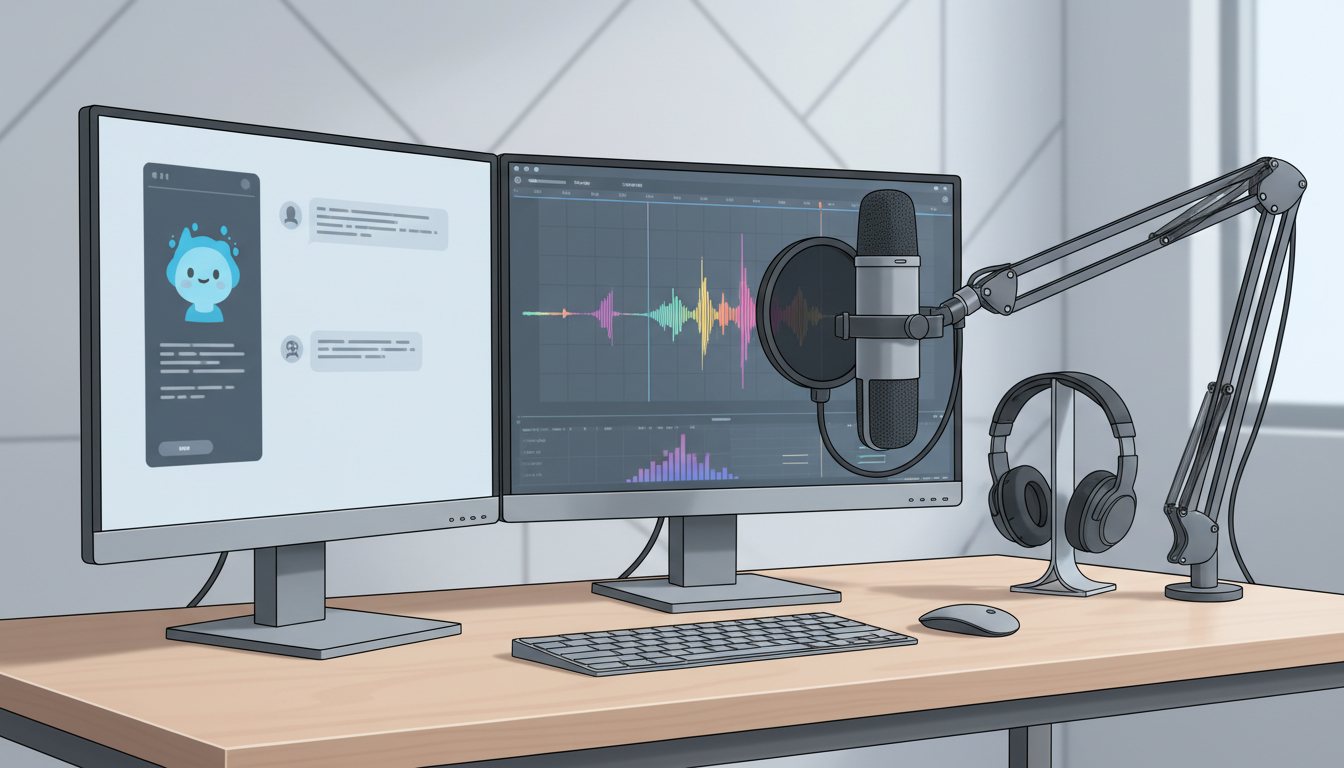 A content creator's desktop setup illustrating the process of turning text-based AI character chats into high-quality audio voiceovers.