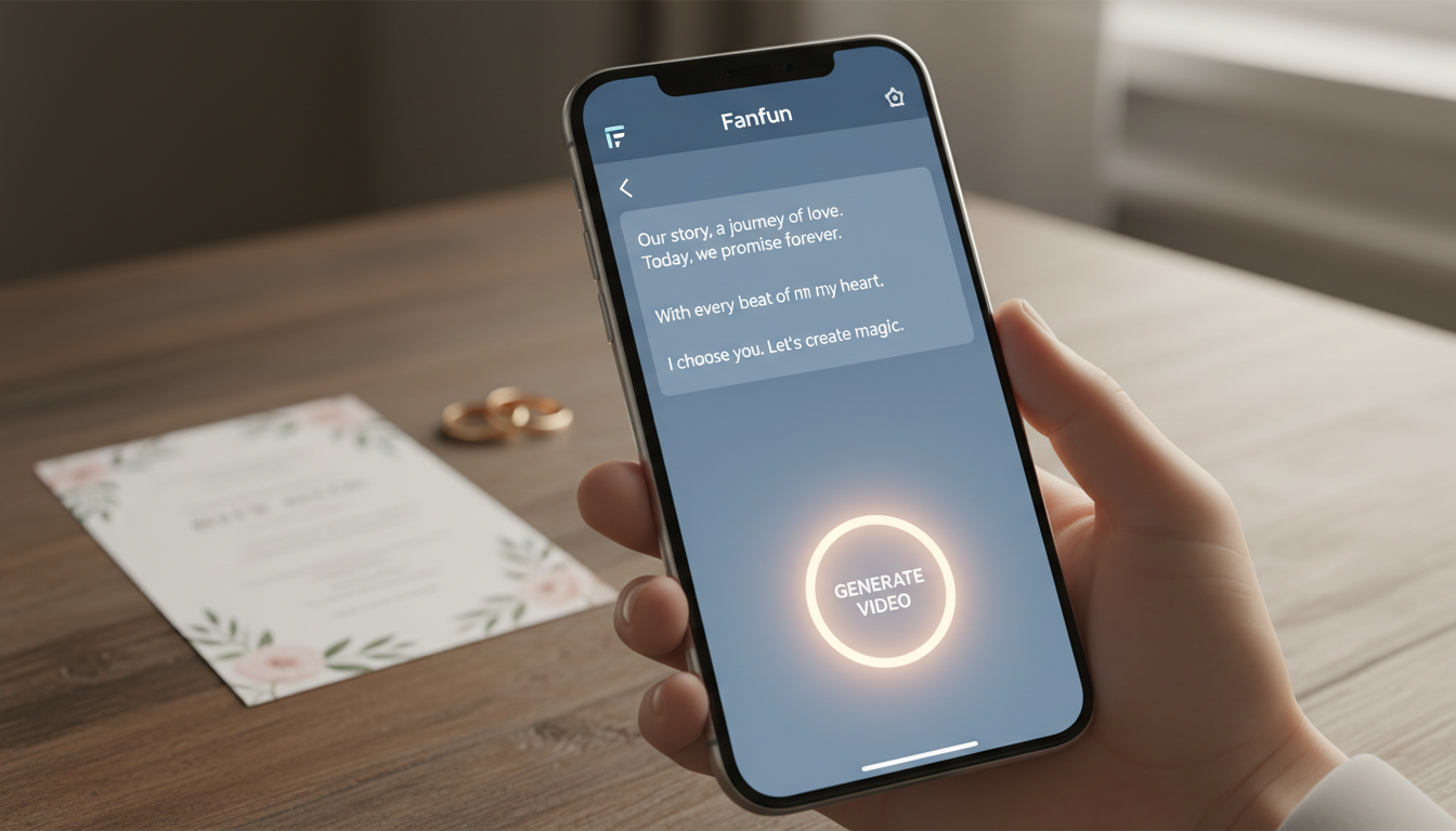 A smartphone showing the Fanfun app interface generating an instant wedding video message next to a wedding invitation.