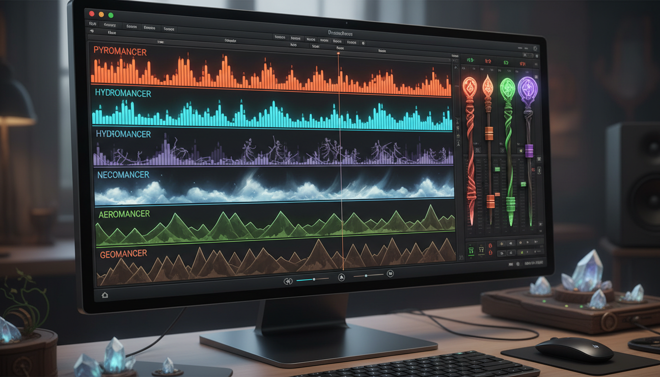 A stylized digital audio interface showing vocal profiles and equalizer settings for different wizard voices.