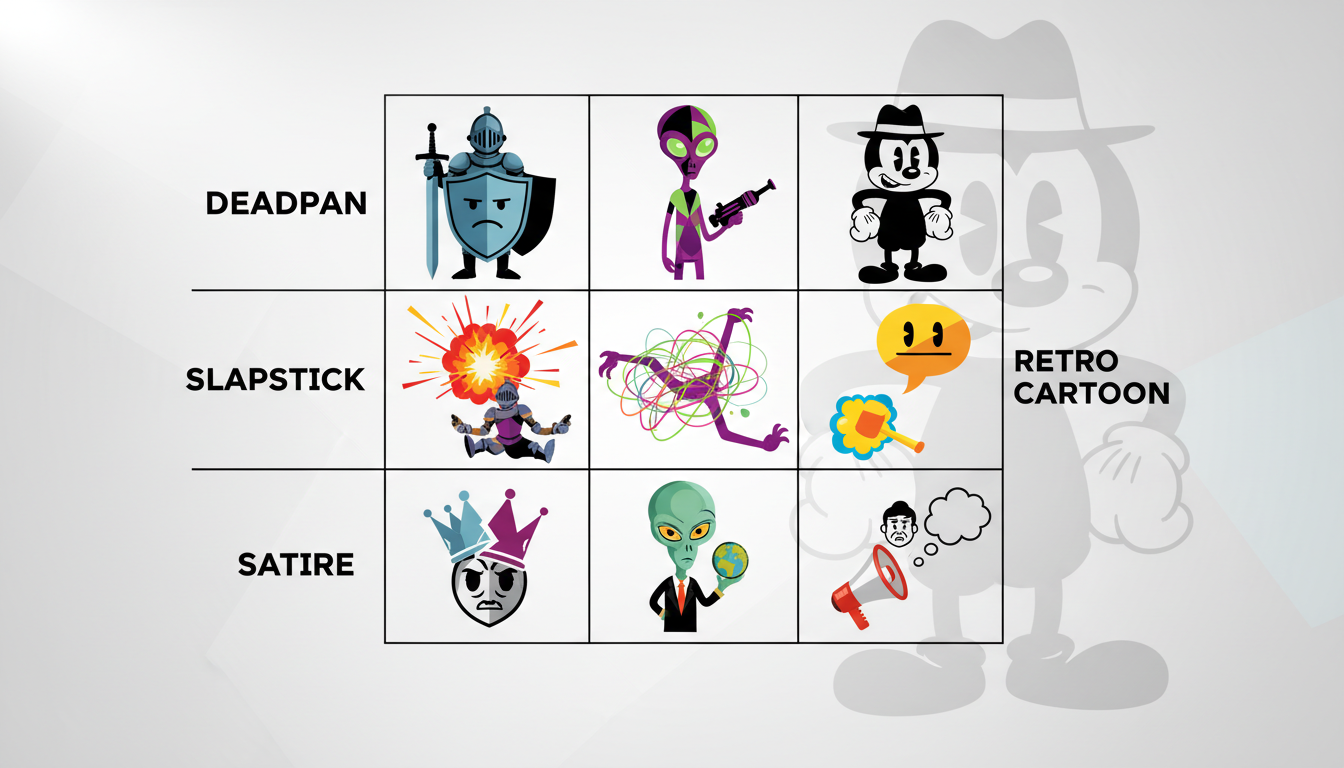 A character archetype selection matrix showing different cartoon and fantasy silhouettes matched with comedy styles.