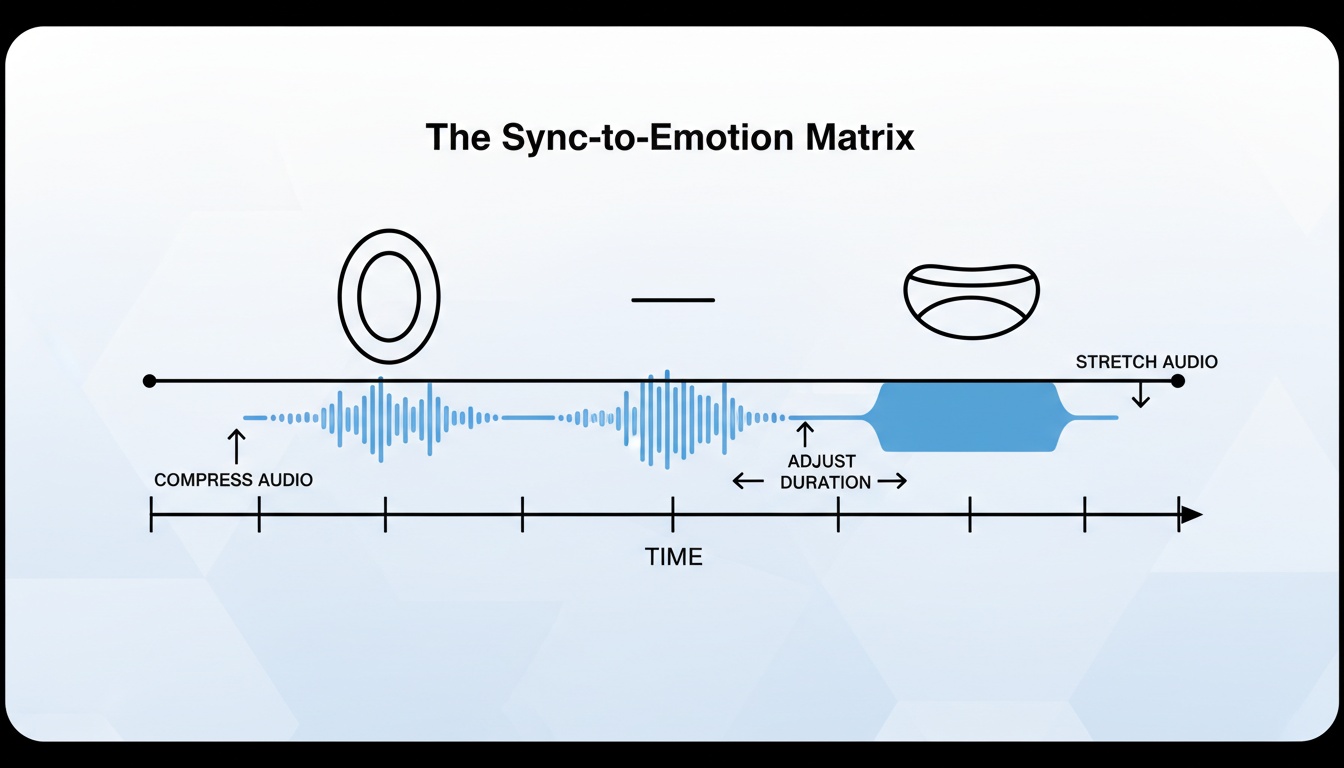 An editing timeline diagram showing how to align AI voice clips with visual mouth movements in an animation.