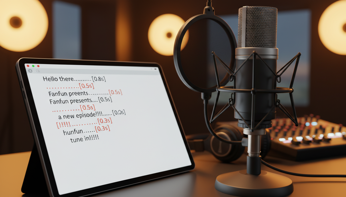 A tablet displaying a marked-up script for AI voice generation next to a professional studio microphone.