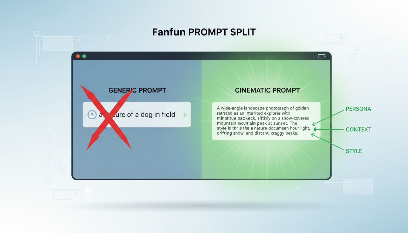A comparison mockup showing a generic AI prompt versus a highly structured, cinematic prompt blueprint.