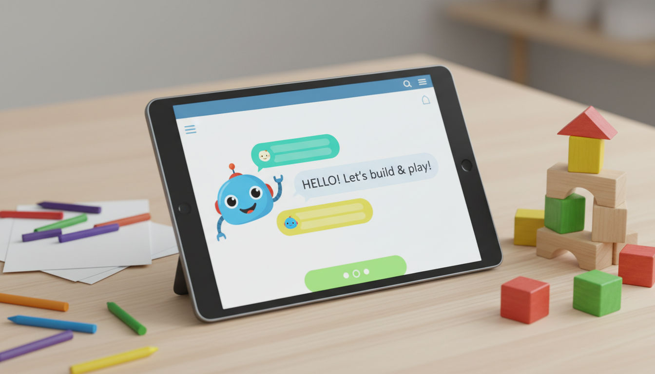 A tablet showing a colorful, child-friendly AI character chat interface surrounded by physical toys and drawing supplies.