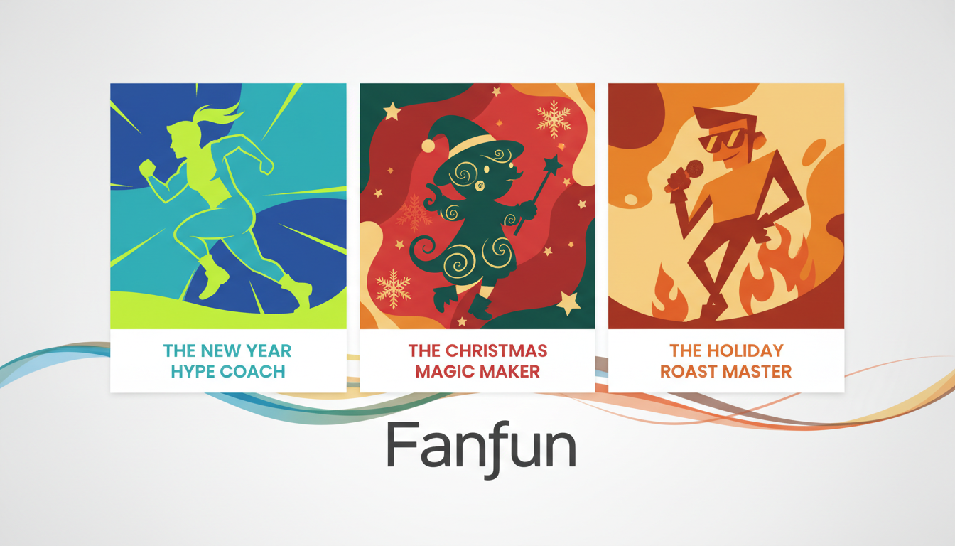 A colorful grid showcasing different AI character archetypes for holiday video greetings, including hype coaches, magic makers, and comedy roasters.