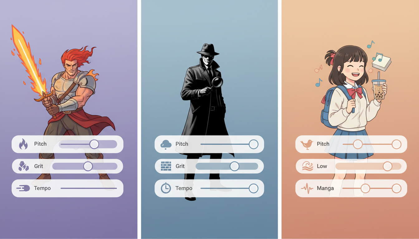An infographic showing three comic character archetypes paired with vocal setting sliders for pitch, grit, and tempo.