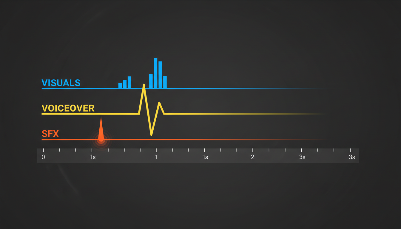A timeline diagram illustrating the synchronization of visual cuts, dynamic character voiceover waveforms, and sound effects in a 3-second video hook.