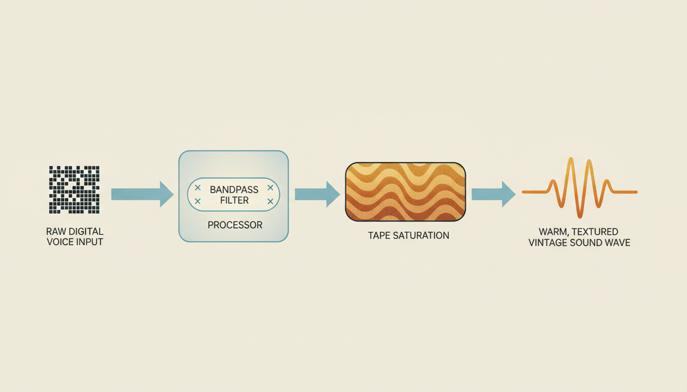 An audio signal chain diagram showing how to apply bandpass filters and saturation to make AI voices sound vintage.
