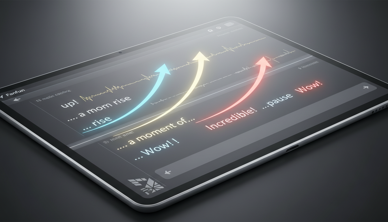 A digital audio editor interface showing a script with punctuation highlights and pitch arrows for AI voice directing.