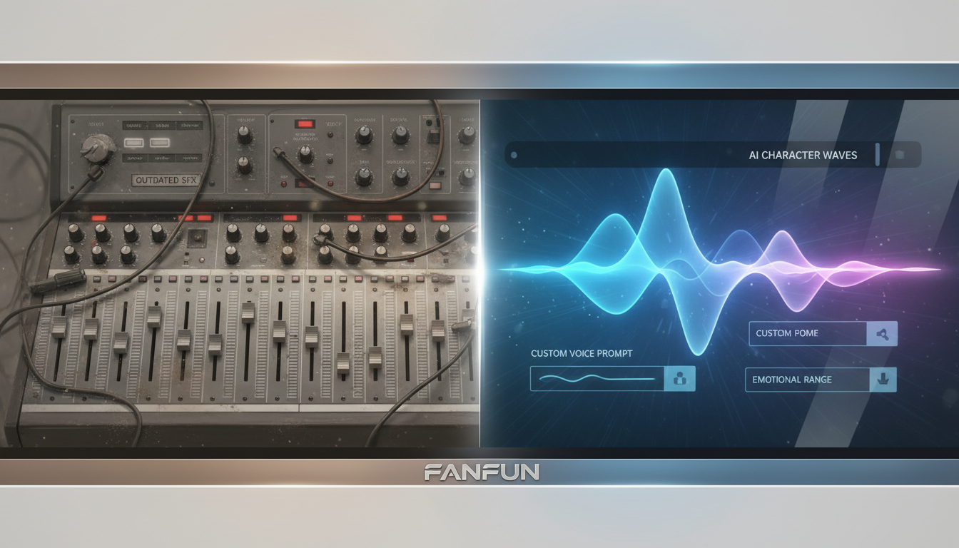 A comparison showing a boring traditional soundboard next to a modern dynamic AI voice generation interface.